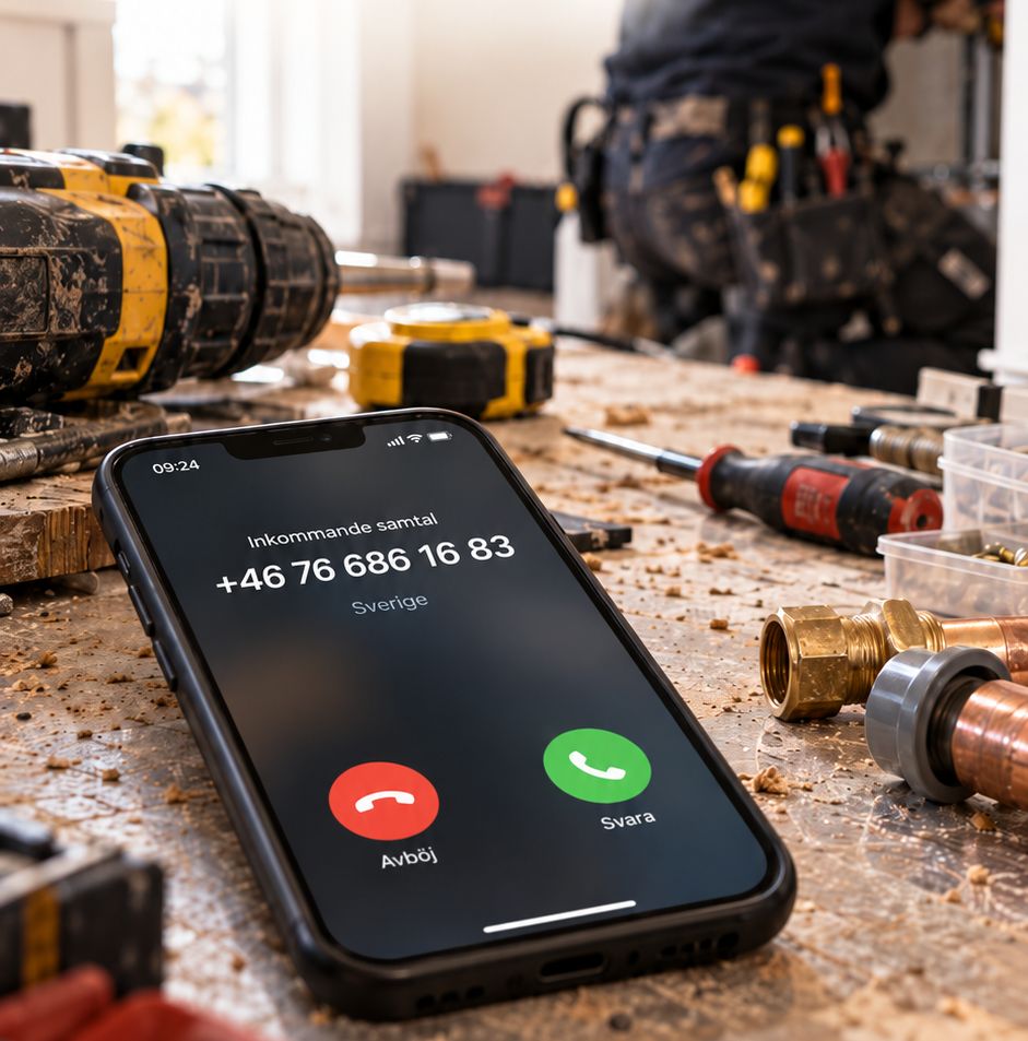 En telefon ringer på en arbetsbänk medan hantverkaren arbetar i bakgrunden